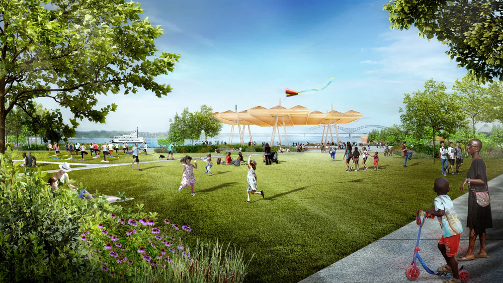 Rendering highlighting Tom Lee Park's Active Core, designed by Studio Gang and SCAPE.