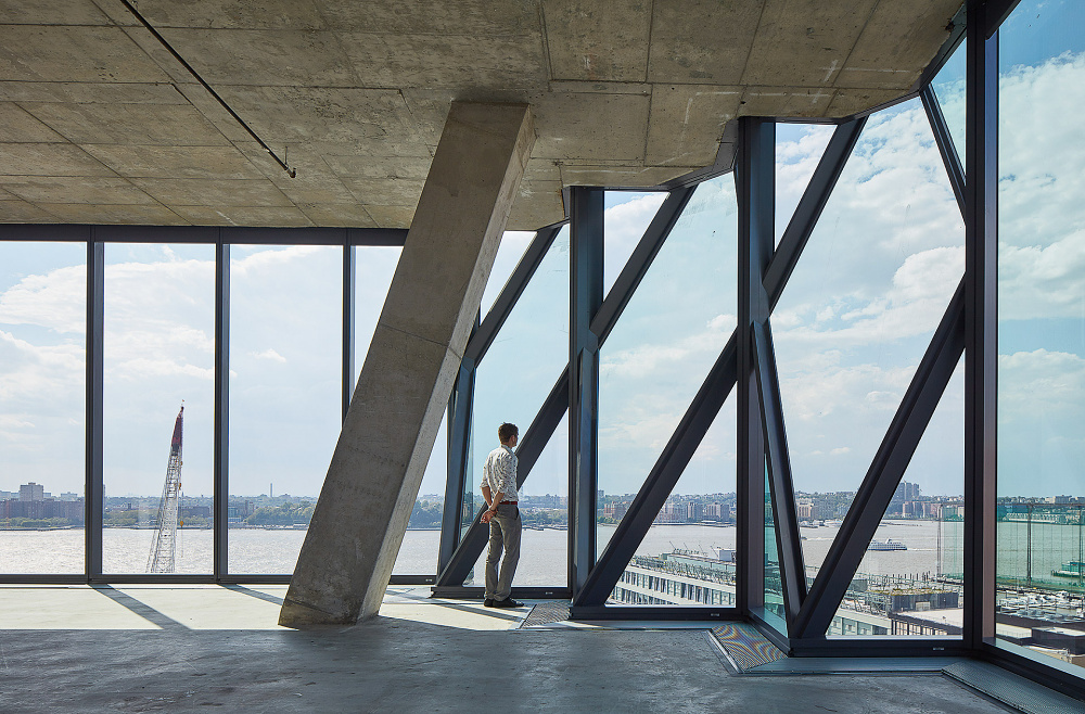 Solar Carve office building designed by Studio Gang, interior view of Hudson River in New York City