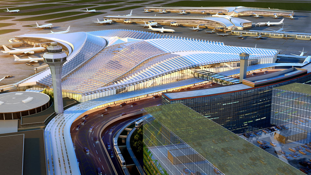 O'Hare Global Terminal Aerial Rendering, architecture by Studio Gang