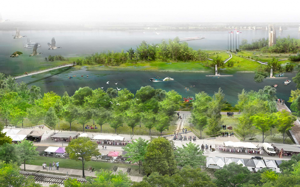 Memphis Riverfront Concept Birds Eye View Rendering designed by Studio Gang