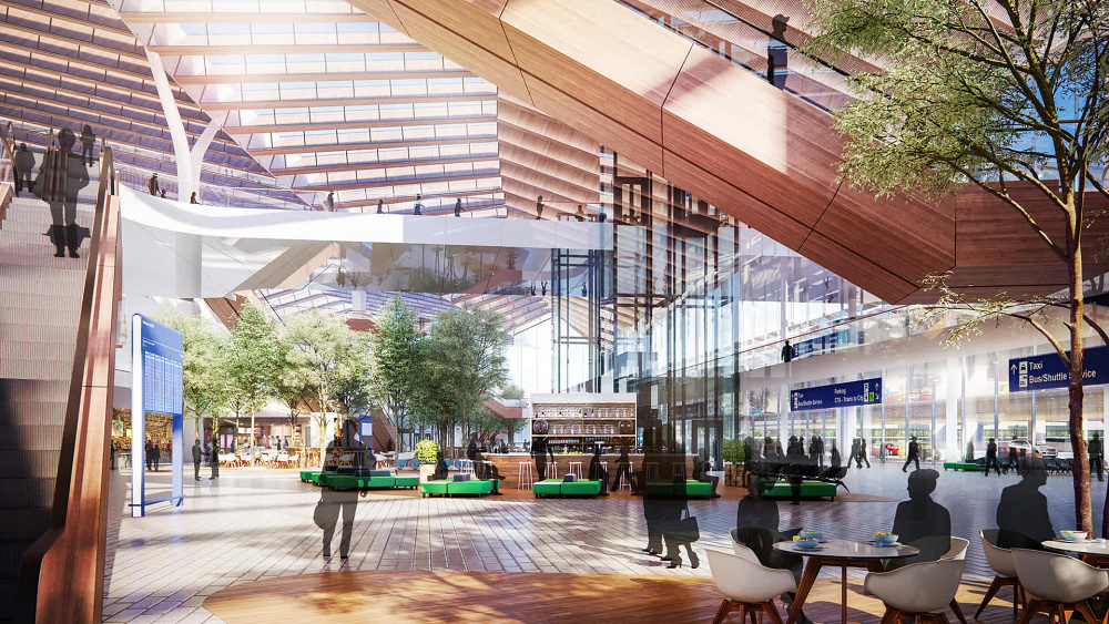 O'Hare Global Terminal Central Green Space Rendering, architecture by Studio Gang